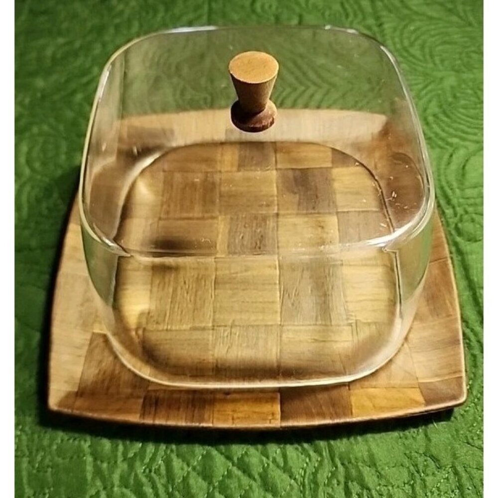 Vintage Weavewood Cheese‎ Tray With Clear Lucite Dome Lid MCM Kitchen Decor USA